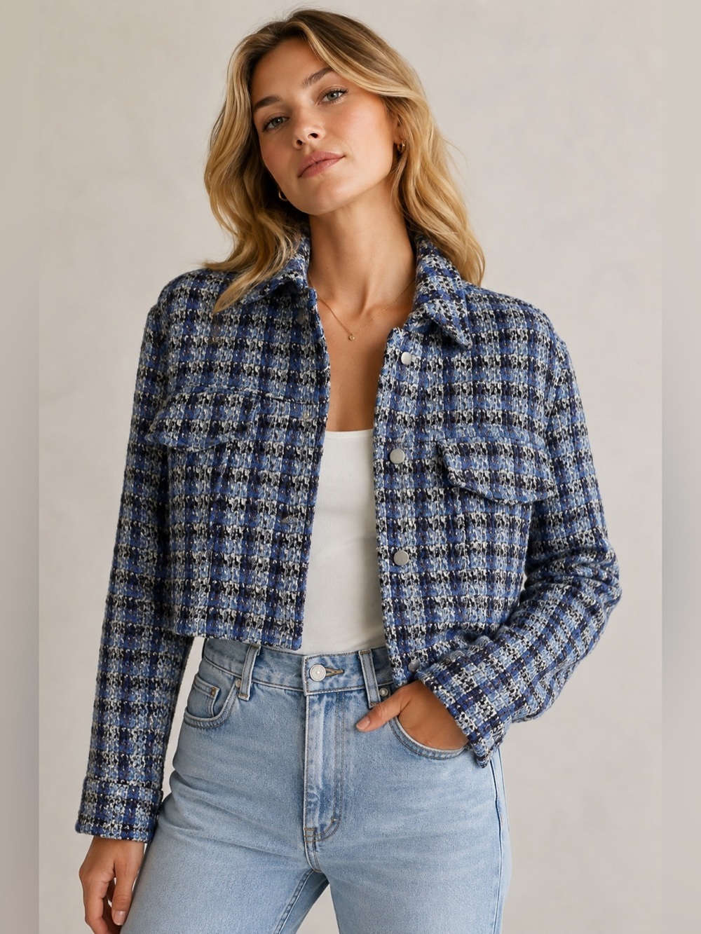 ZARA Blue Tweed Look Cropped Jacket Blazer Plaid Snap Front Size Small